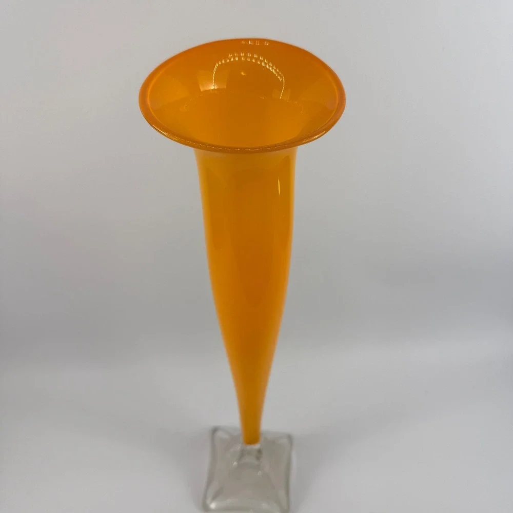Willsea | O'Brien Orange Art Glass Trumpet Vase Signed Clear Crystal Base